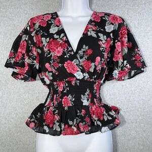 Kabana Women Floral Smocked Waist Peplum Top Black Pink V-Neck Flutter Sleeve L